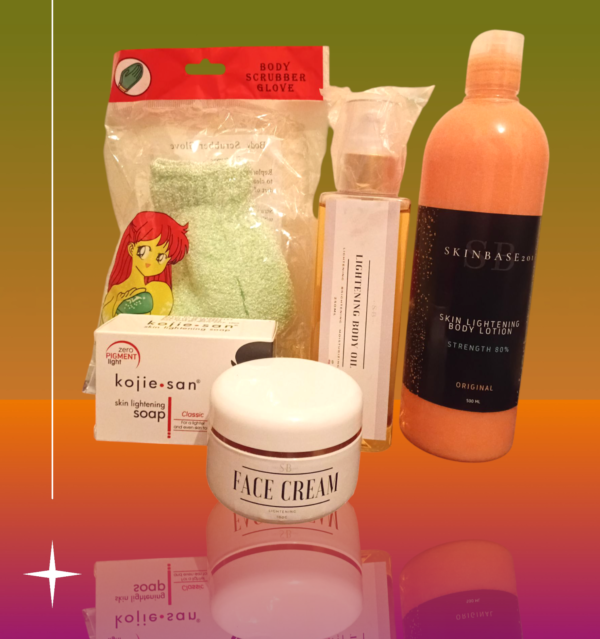 Skinbase201 Lightening set: Lightening oil, AHA Skin Lightening Lotion 80%, kojie san soap,bathing gloves Knuckle Cream, face cream